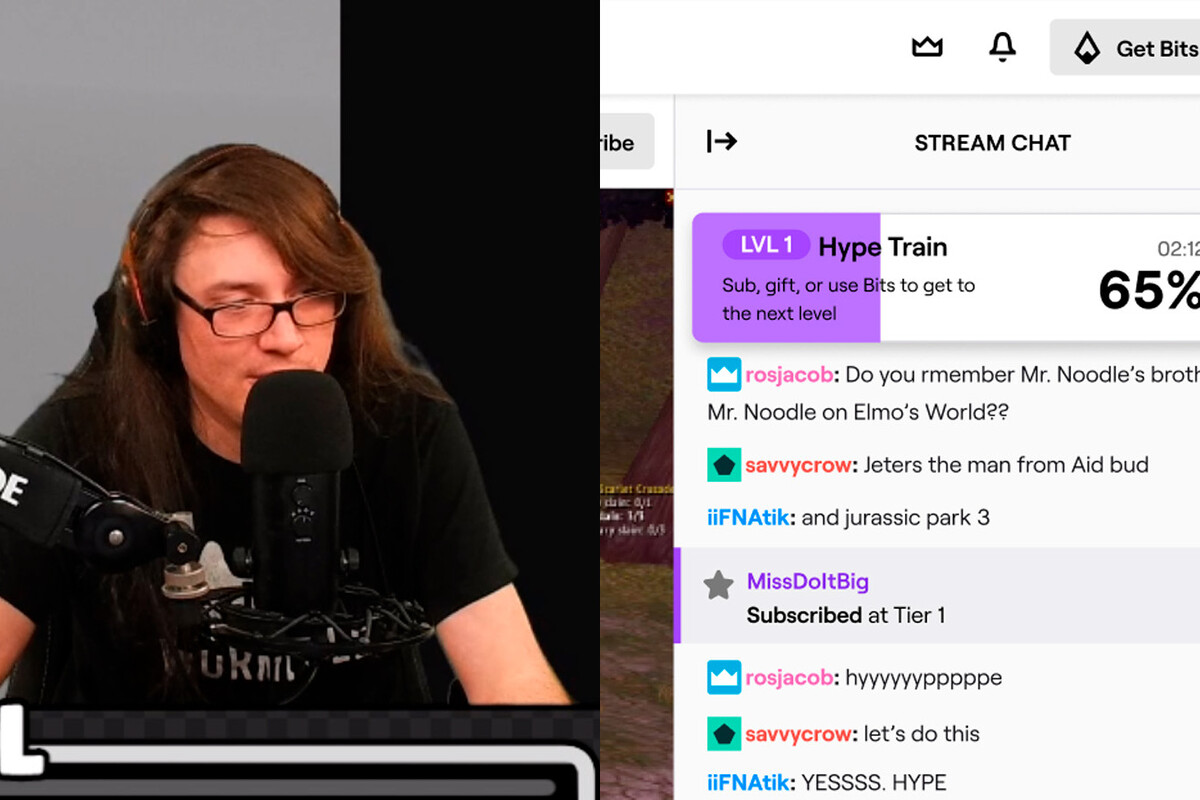 Real Twitch stream: hype train running — viewers sub, gift and cheer bits